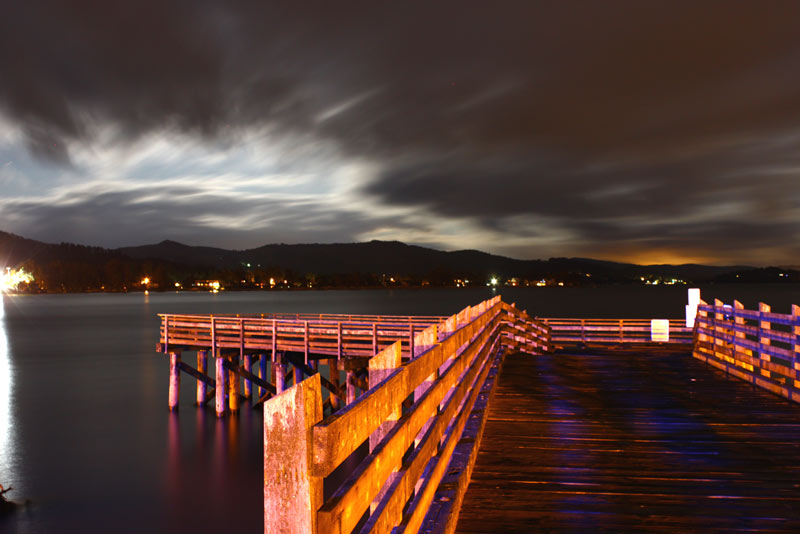 Siletz Bay pier at night, ethereal, moonlit clouds