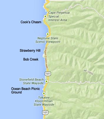 map of Strawberry Hill, Cape Perpetua, Bob Creek, Cook's Chasm