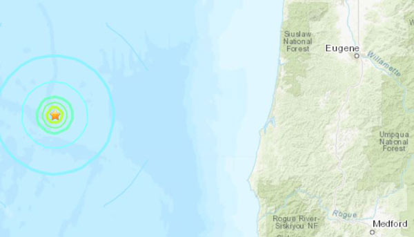 Two Quakes Off Oregon Coast Wednesday, One Magnitude 5.4